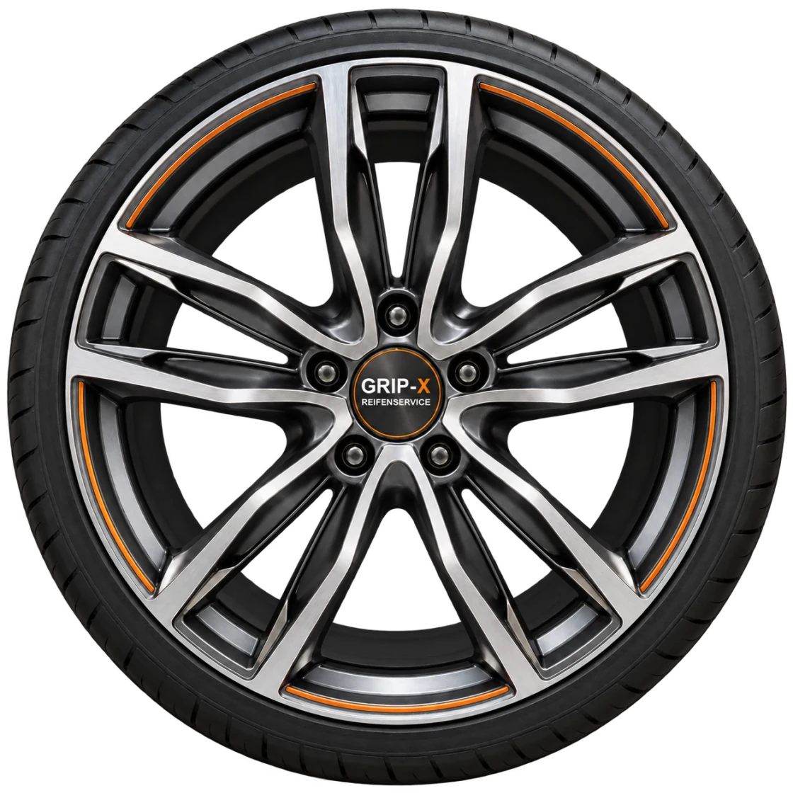 Reifen mit silberner Leichtmetallfelge, orangefarbenen Akzenten und Grip-X-Nabendeckel