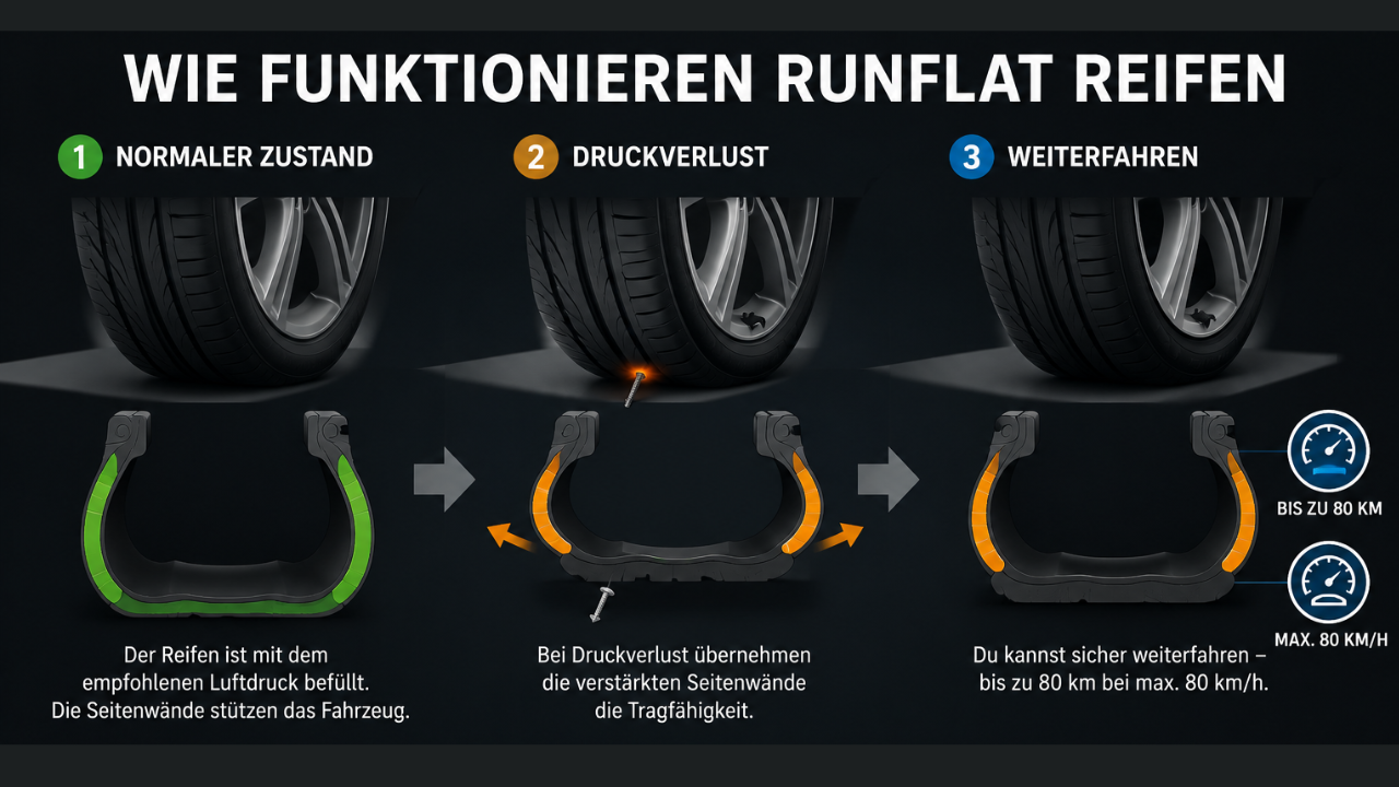 Schematische Darstellung eines Runflat-Reifens bei normalem Luftdruck und bei Druckverlust