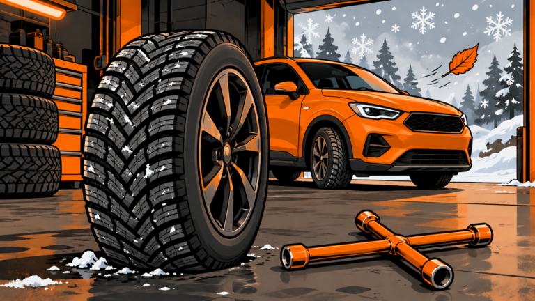 Cartoon eines Winterrads vor einem orangefarbenen Auto in der Werkstatt, mit Schneeflocken und Radkreuz.