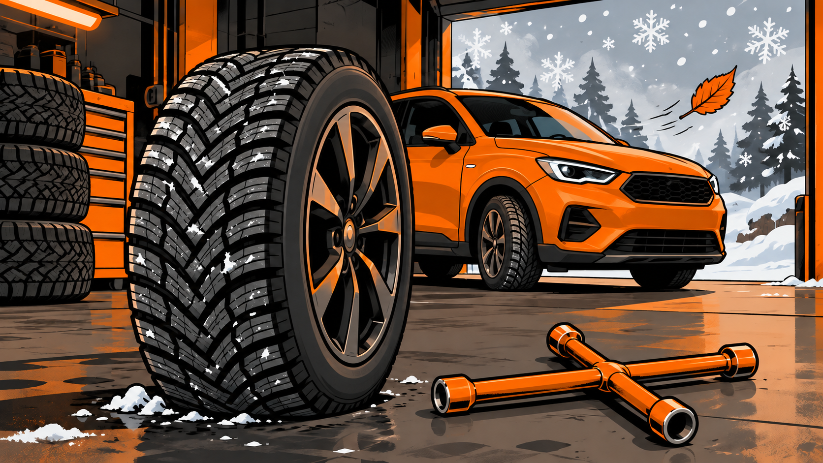 Cartoon eines Winterrads vor einem orangefarbenen Auto in der Werkstatt, mit Schneeflocken und Radkreuz.